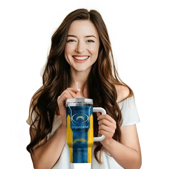 customized los angeles chargers hexagon armor blue curved tumbler premium grade.webp