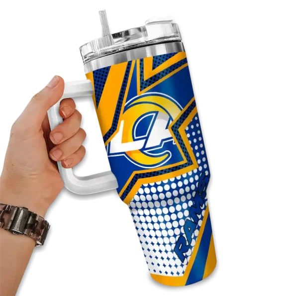 customized los angeles rams arrow burst blue curved tumbler fashion forward.webp