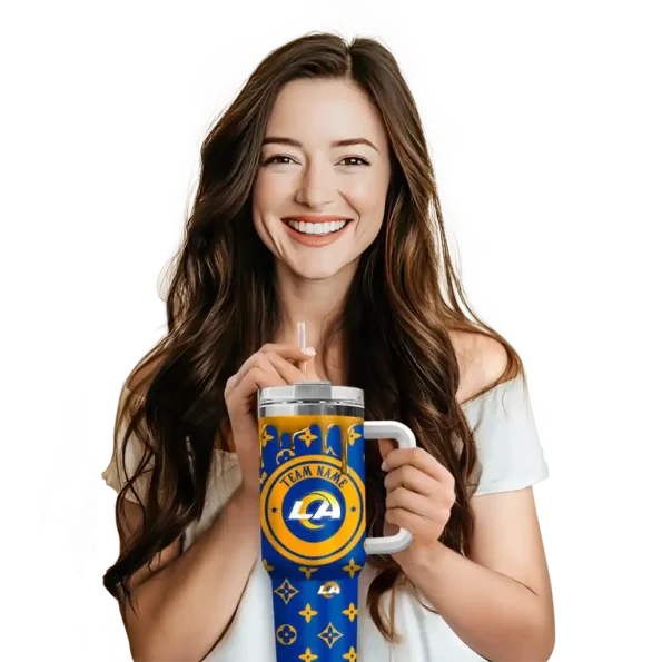 customized los angeles rams bullseye drips blue curved tumbler premium grade.webp