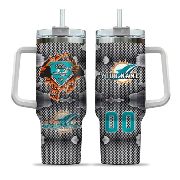 customized miami dolphins superman shield aqua gray curved tumbler best selling.webp