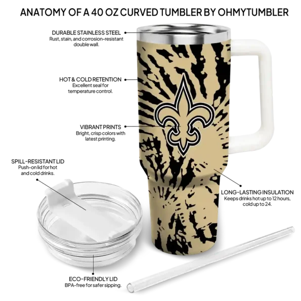 customized new orleans saints burst swirl gold curved tumbler new arrival.webp