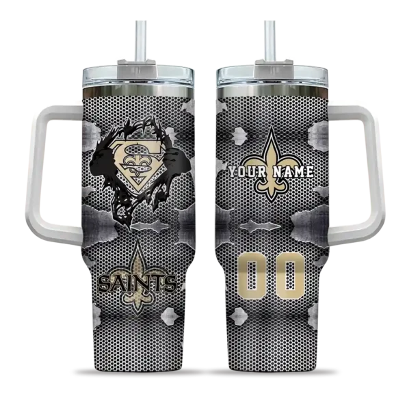 customized new orleans saints superman shield gold gray curved tumbler best selling.webp