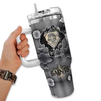 customized new orleans saints superman shield gold gray curved tumbler fashion forward.webp