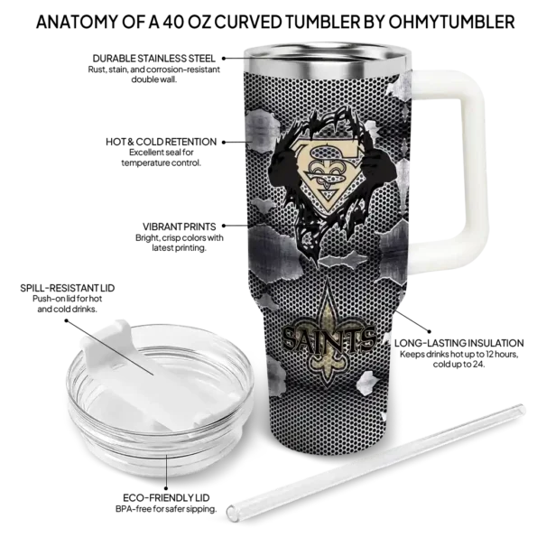 customized new orleans saints superman shield gold gray curved tumbler new arrival.webp