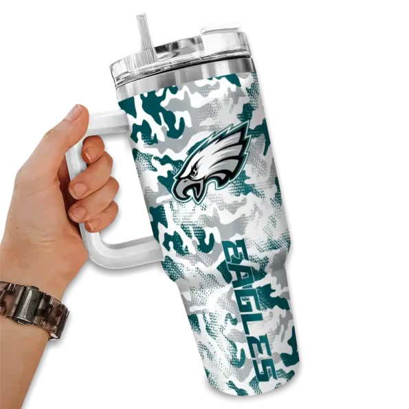 customized philadelphia eagles camo mashup green white curved tumbler fashion forward.webp