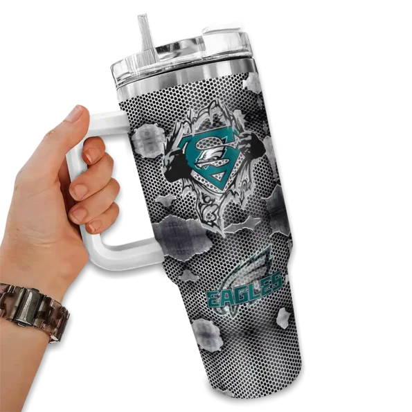 customized philadelphia eagles superman shield green gray curved tumbler fashion forward.webp