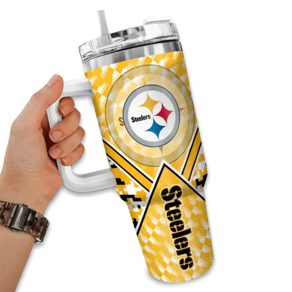 customized pittsburgh steelers chevron angle gold curved tumbler fashion forward.webp