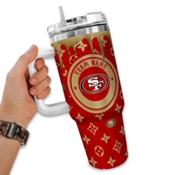 customized san francisco 49ers bullseye drips red curved tumbler fashion forward.webp