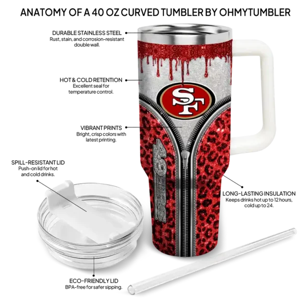 customized san francisco 49ers leopard zipper red curved tumbler new arrival.webp