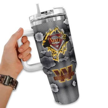 customized washington commanders superman shield burgundy gray curved tumbler fashion forward.webp