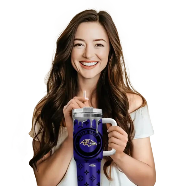 personalized baltimore ravens bullseye drips purple curved tumbler premium grade.webp