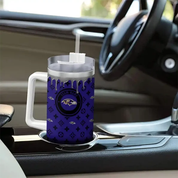 personalized baltimore ravens bullseye drips purple curved tumbler trendy.webp