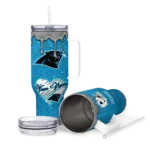 personalized carolina panthers heart helmet motif blue curved tumbler best selling.webp