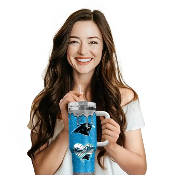 personalized carolina panthers heart helmet motif blue curved tumbler premium grade.webp