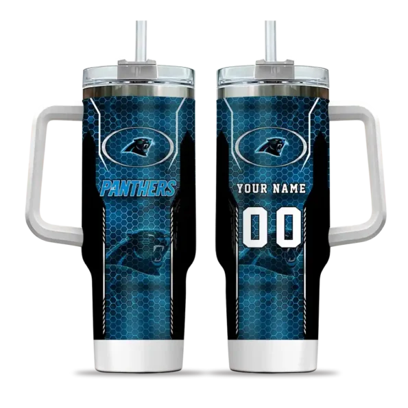 personalized carolina panthers hexagon armor blue curved tumbler best selling.webp