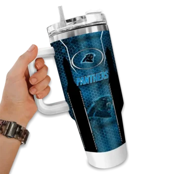 personalized carolina panthers hexagon armor blue curved tumbler fashion forward.webp