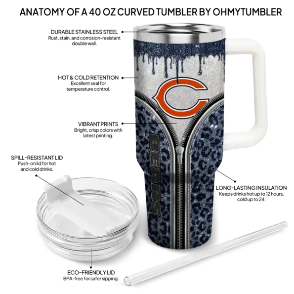 personalized chicago bears leopard zipper blue curved tumbler new arrival.webp