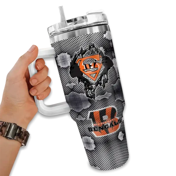 personalized cincinnati bengals superman shield orange gray curved tumbler fashion forward.webp