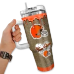 personalized cleveland browns heart helmet motif brown curved tumbler best selling.webp