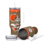 personalized cleveland browns heart helmet motif brown curved tumbler best selling.webp