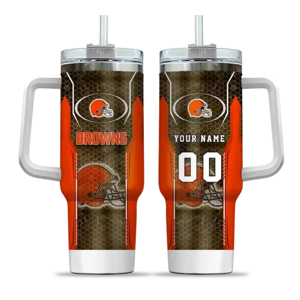 personalized cleveland browns hexagon armor brown curved tumbler best selling.webp