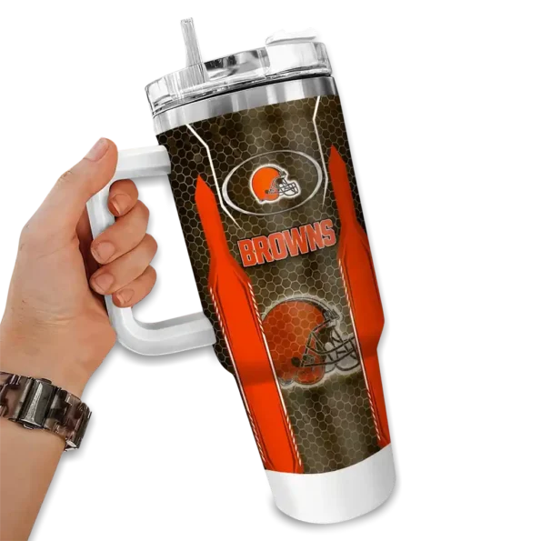 personalized cleveland browns hexagon armor brown curved tumbler fashion forward.webp