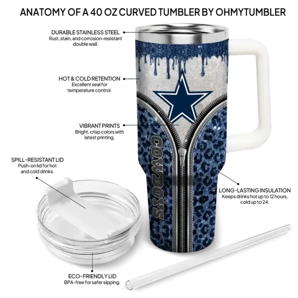 personalized dallas cowboys leopard zipper blue curved tumbler new arrival.webp