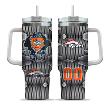 personalized denver broncos superman shield orange gray curved tumbler best selling.webp
