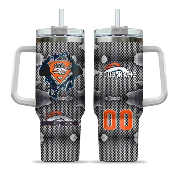 personalized denver broncos superman shield orange gray curved tumbler best selling.webp