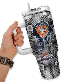 personalized denver broncos superman shield orange gray curved tumbler fashion forward.webp
