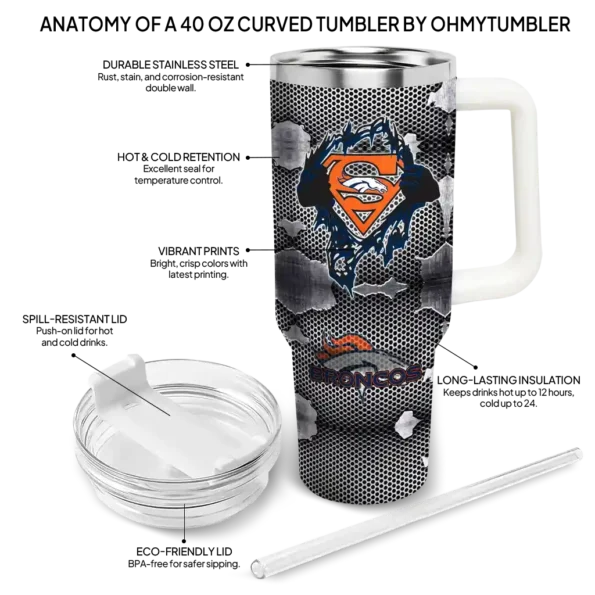 personalized denver broncos superman shield orange gray curved tumbler new arrival.webp