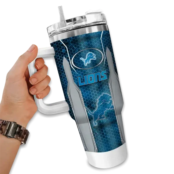 personalized detroit lions hexagon armor blue curved tumbler fashion forward.webp
