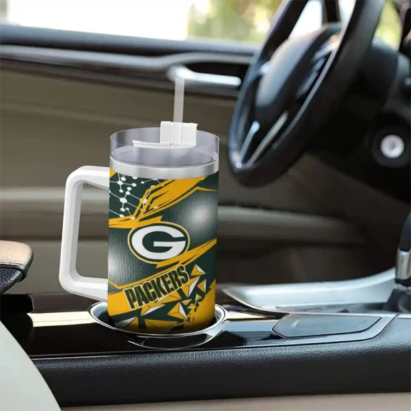 personalized green bay packers abstract paths green curved tumbler trendy.webp