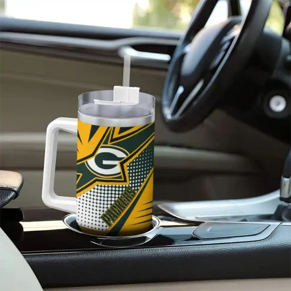 personalized green bay packers arrow burst green curved tumbler trendy.webp