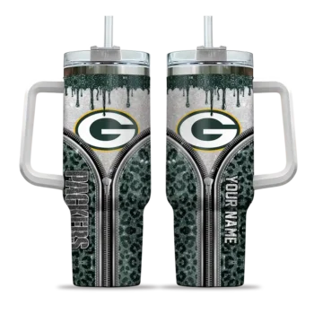 personalized green bay packers leopard zipper green curved tumbler best selling.webp
