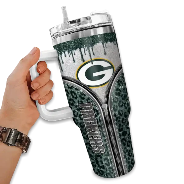 personalized green bay packers leopard zipper green curved tumbler fashion forward.webp