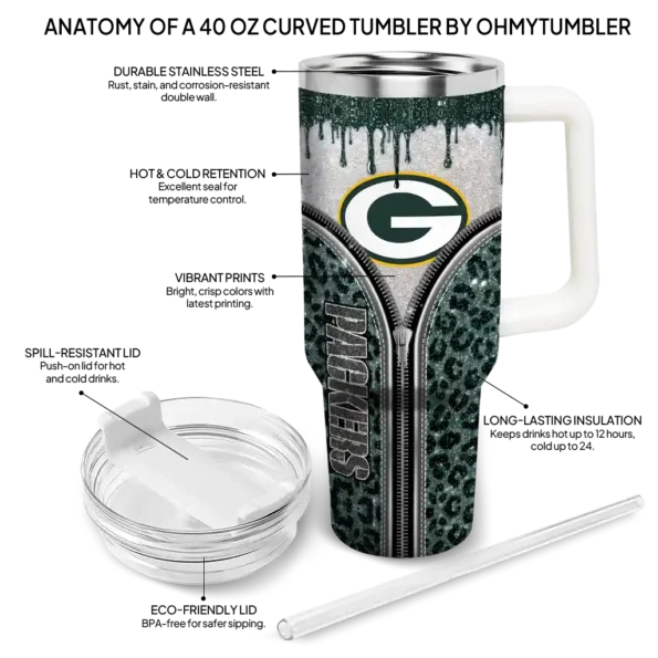 personalized green bay packers leopard zipper green curved tumbler new arrival.webp