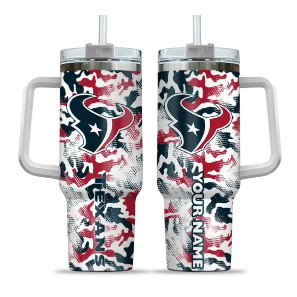 personalized houston texans camo mashup blue white curved tumbler best selling.webp