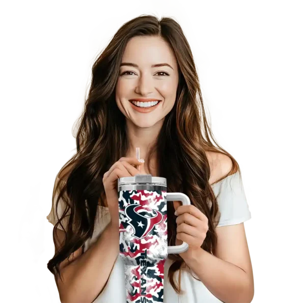 personalized houston texans camo mashup blue white curved tumbler premium grade.webp