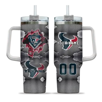 personalized houston texans superman shield blue gray curved tumbler best selling.webp
