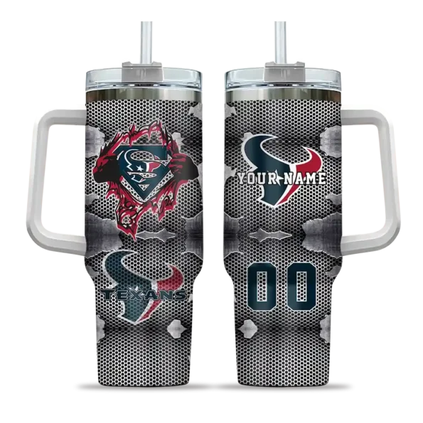 personalized houston texans superman shield blue gray curved tumbler best selling.webp