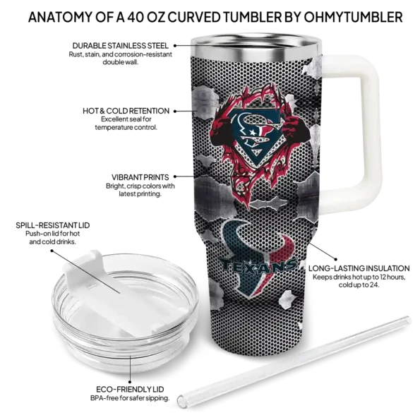 personalized houston texans superman shield blue gray curved tumbler new arrival.webp