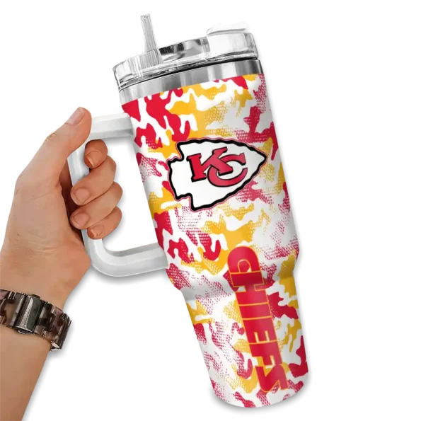 personalized kansas city chiefs camo mashup red white curved tumbler fashion forward.webp