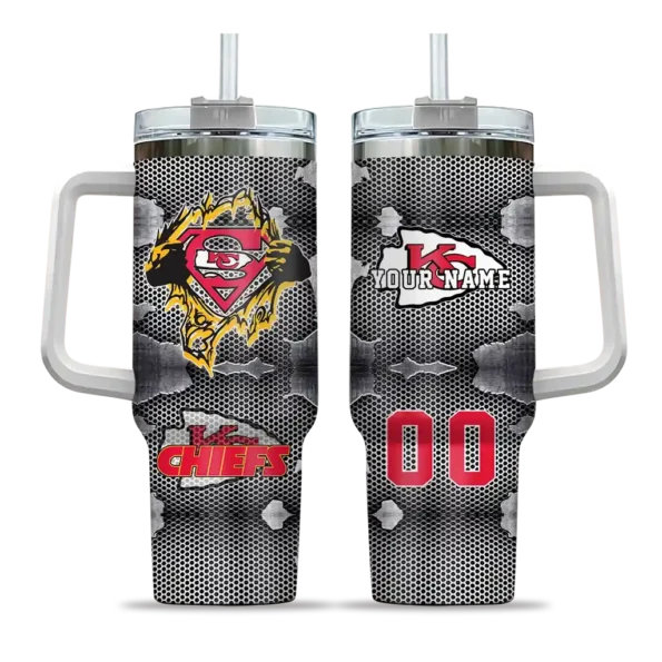 personalized kansas city chiefs superman shield red gray curved tumbler best selling.webp