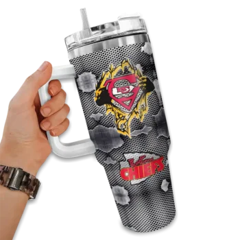 personalized kansas city chiefs superman shield red gray curved tumbler fashion forward.webp