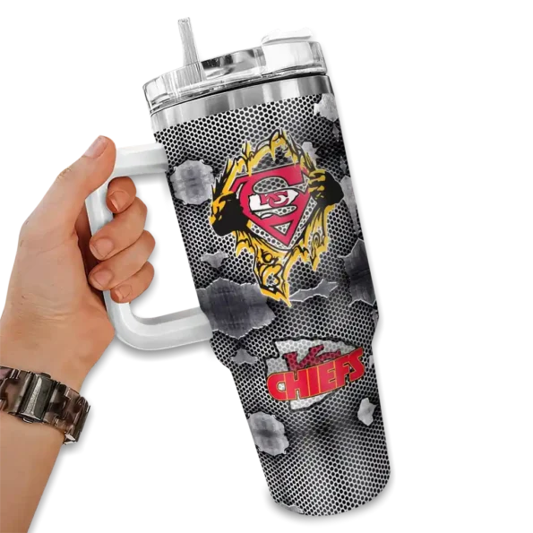 personalized kansas city chiefs superman shield red gray curved tumbler fashion forward.webp