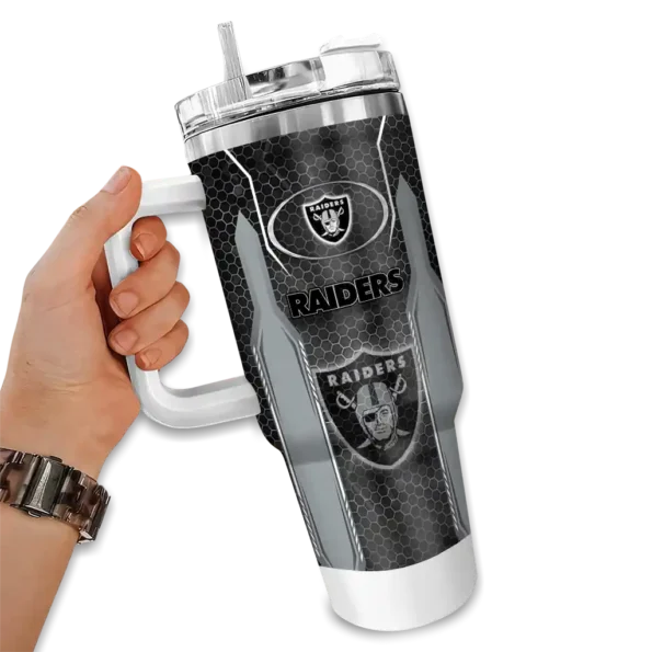 personalized las vegas raiders hexagon armor black curved tumbler fashion forward.webp