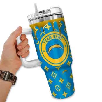 personalized los angeles chargers bullseye drips blue curved tumbler fashion forward.webp