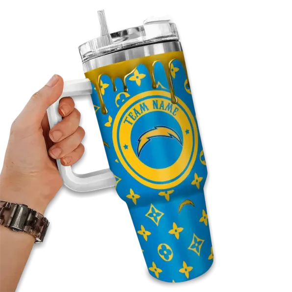 personalized los angeles chargers bullseye drips blue curved tumbler fashion forward.webp