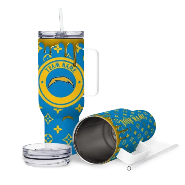 personalized los angeles chargers bullseye drips blue curved tumbler high quality.webp